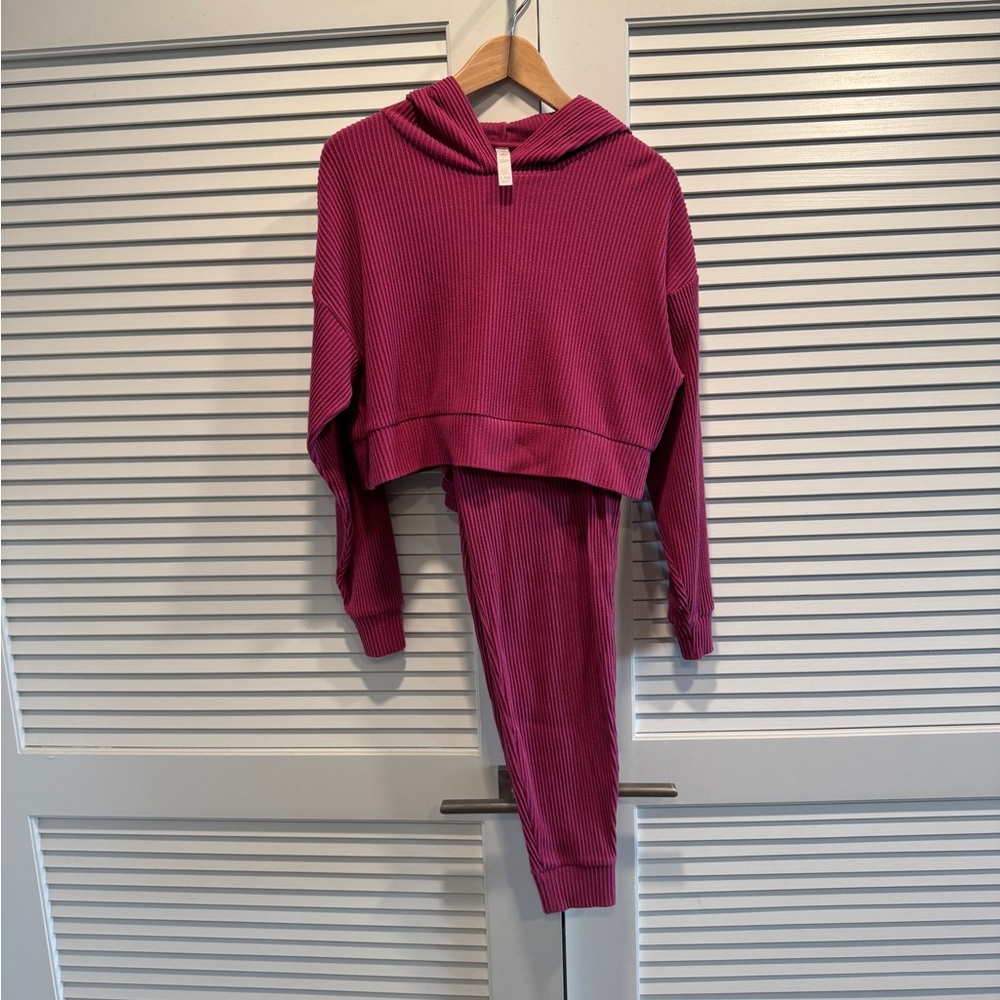 Magenta Alo Yoga Ribbed Hoodie and Jogger Set